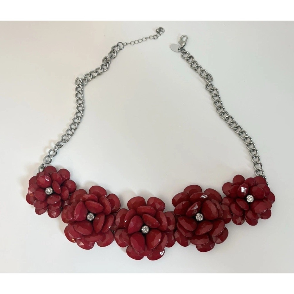 Red Floral Statement Necklace Faceted Flower Rhinestone Silver Tone Adjustable